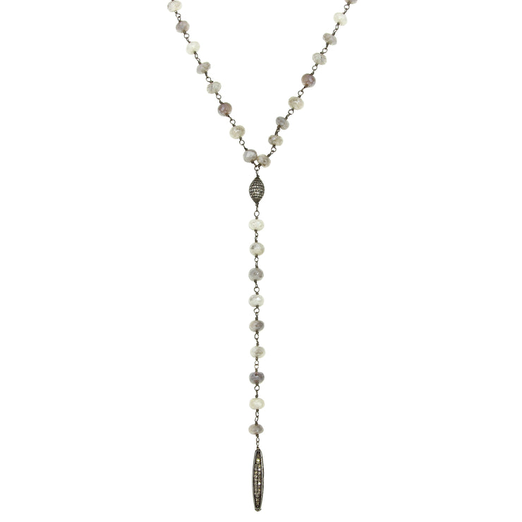 Grey Moonstone Wire Wrapped "Y" Necklace with Diamond Beads-Dana Lyn